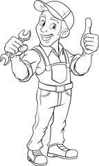 Poster - A handyman, mechanic, plumber or other construction cartoon mascot man holding a wrench or spanner tool.