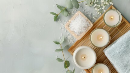 a flat lay composition of DIY home spa essentials--bath salts, candles, and plush towels