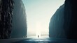 © ParinApril - Cinematic portrayal of a figure silhouetted against a monumental rock face in a shrouded landscape