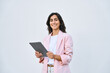 © Stock 4 You - Young indian or arabic woman in business holding digital computer, looking at camera. Portrait of middle eastern Israel businesswoman using tablet pc online app for work isolated on white background.