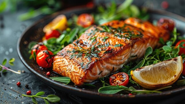 A close-up of a perfectly pan-seared salmon fillet served with a side of fresh herbs, cherry tomatoes, and lemon