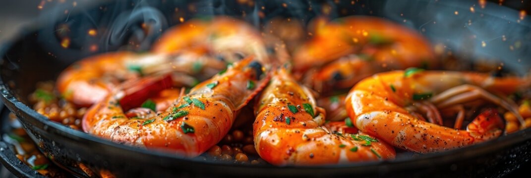 Closeup of steaming, freshly cooked shrimp in a cast iron skillet