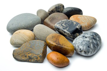 Canvas Print - A close-up of various round and smooth pebbles stacked in a heap against a white background, ideal for conveying tranquility and balance in spa or garden decoration.