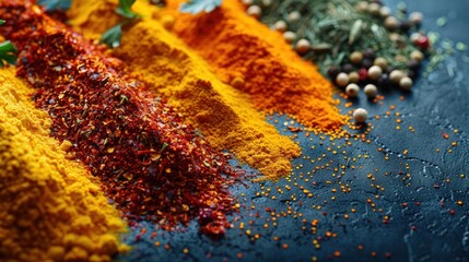 Wall Mural - A close-up view of various spices arranged in rows on a dark blue surface