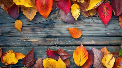 Wall Mural - Colorful fall foliage on a wood table