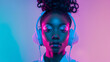 © Generative AI - Vaporwave fashion chroma clothing and portrait of black woman with headphones in studio Futuristic style gen z and cosmetics of a young person isolated with cyber and technology aesthe : Generative AI