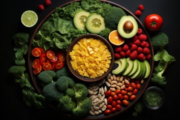 Wall Mural - a set of fresh vegetables, spices and herbs, on a plate, top view, delicious food