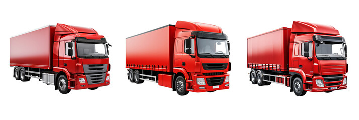 Set of heavy duty red cargo truck for transportation isolated on transparent background 