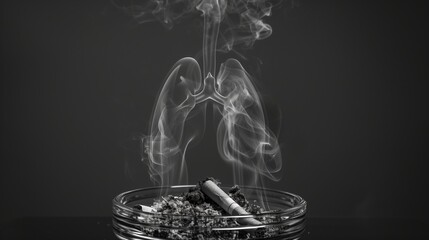 The smoke is lung-shaped of cigarettes in the ashtray on the  black background.