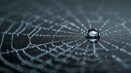 Close-up of a spider web with a water droplet in the center, showcasing intricate details and the beauty of nature.