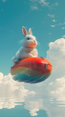 Canvas Print - A Whimsical Rabbit Drifting on a Vibrant Inflatable Boat in a Dreamlike Sky Landscape