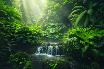 Wall Mural - A lush jungle scene with a river running through it