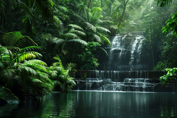 Sticker - A lush jungle scene with a river running through it