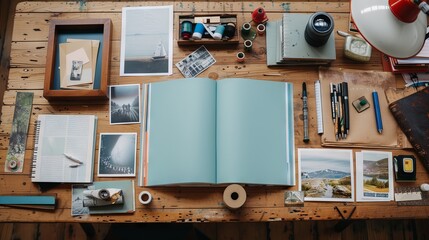 a flat lay image of DIY photo book creation--printed photos, scrapbooking paper, and adhesive tape