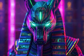 Poster - Anubis,Ancient Egyptian Jackal-Headed Deity,Cyberpunk Reimagining with Neon Glow and Hyper-Detailed Portrait