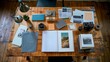 © EF Studio - a flat lay image of DIY photo book creation--printed photos, scrapbooking paper, and adhesive tape