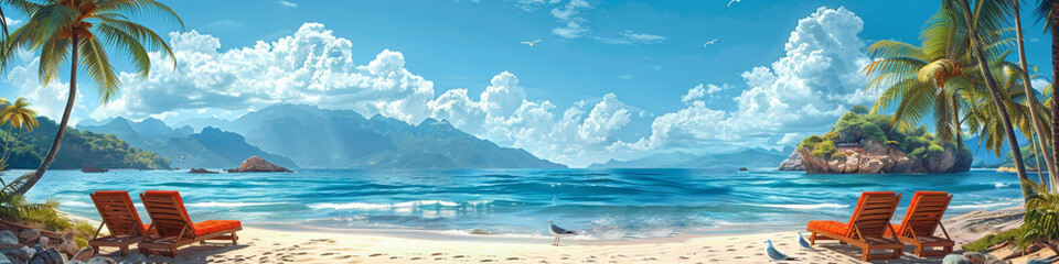 Wall Mural - In a peaceful paradise, waves gently kiss the coastline of a scenic tropical resort.