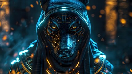 Canvas Print - Egyptian God Anubis Exuding Raw Power and Strength,with Piercing Eyes and Neon Highlights