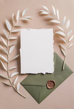 Wedding details card template. Blank paper card and green envelope with dried flowers. Flat lay, top view, copy space.