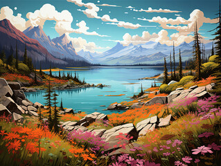 Wall Mural - Eyecatching Champfer alpine lake surrounded by mountains covered in greenery under the sunlight