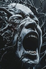 Poster - Terrifying Howling Undead Zombie Bursting from Tangle of Vines in Cinematic Tattoo-Style