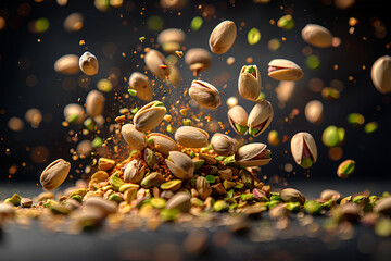 Flying in air fresh raw whole and cracked pistachios isolated on green background. Concept of Pistachios is torn to pieces close-up. High resolution image
