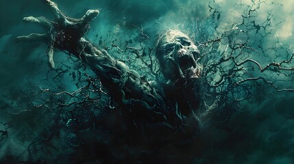 Wall Mural - Unnerving Japanese Horror Poster of Shrieking Undead Zombie Bursting from Tangled Vines with Cinematic Tattoo-Style