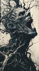 Poster - Unnerving Zombie Shrieking from Gnarled Vines in Dark Tattoo-Style Artwork