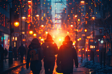 Wall Mural - Friends walk downtown at night, urban winter street, city scene, travel road, snowy background.