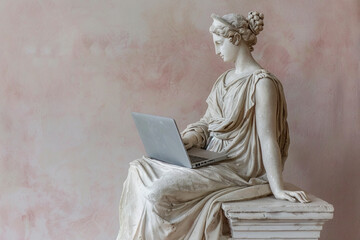 Ancient Greek sculpture of a woman with laptop