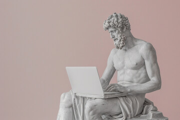 Ancient Greek sculpture of a man with laptop
