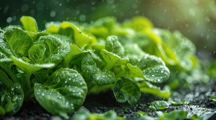 Wall Mural - Fresh green lettuce plants lying on the field, covered in droplets from a recent gentle rainfall, highlighting natural growth and a healthy farming environment.