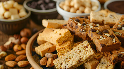 A plate of crunchy fast food biscotti with various nuts and chocolate dips