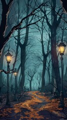 Wall Mural - Haunted Forest Trail Halloween Illustration