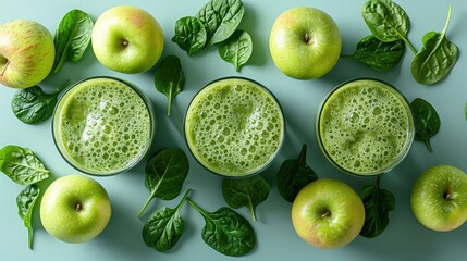 Multiple green apples and fresh spinach leaves are artfully arranged around glasses filled with green smoothies, emphasizing the health benefits of consuming fresh produce.