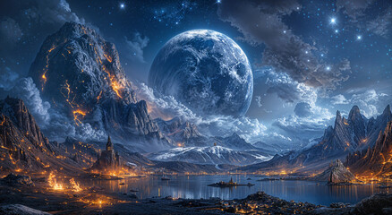 Alien planet landscape with a moon