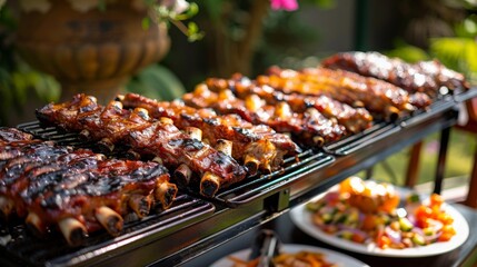 Canvas Print - A barbecue buffet display with grilled pork ribs as the centerpiece, ready to be served