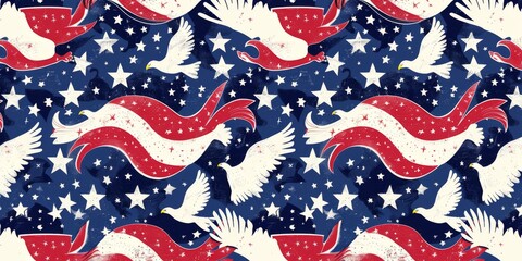 Wall Mural - Red, white, and blue Memorial Day pattern featuring American flags and eagles.