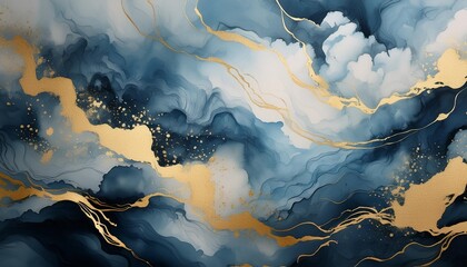 abstract painted blue watercolor with gold on paper texture background digital paint for template or any design