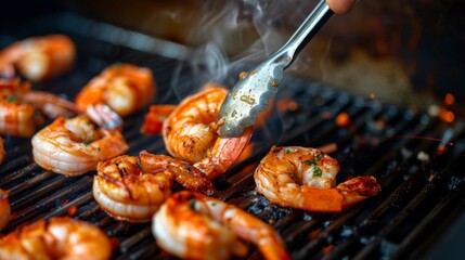 Wall Mural - A close-up of shrimp on a grill basket, being flipped with tongs during cooking