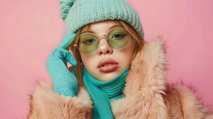 Sticker - Portrait of stylish young girl in sunglasses blue hat green scarf and fur coat posing over pink background Concept of youth beauty winter fashion lifestyle emotions facial expression A : Generative AI