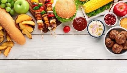 Wall Mural - summer bbq food corner border hamburgers meat skewers potatoes fruit and snacks top down view on a white wood banner background copy space