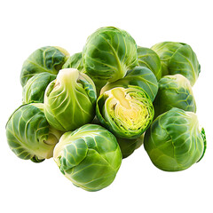 A pile of fresh green Brussels sprouts isolated on a isolated on transparency PNG background, showcasing their vibrant color and texture, perfect for culinary use.