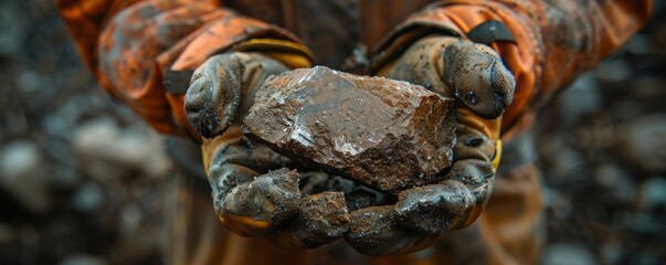 Close-up of a worker's hands holding a rare and valuable ore