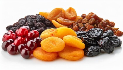 Wall Mural - mix of dried fruits prunes raisins apricots and cranberries isolated on white background
