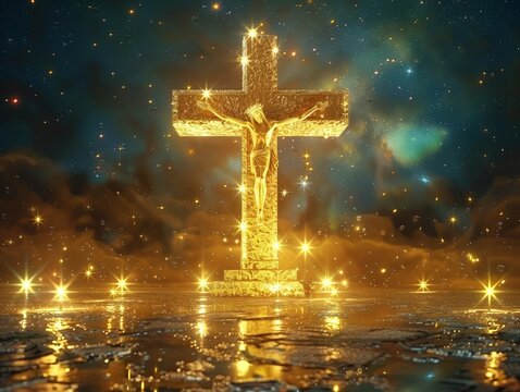 A massive golden glowing crucifixion at night. Christian wallpaper background