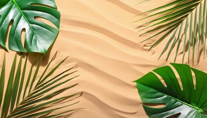 Wall Mural - tropical bright colorful background with green tropical leaves and shadow of sandy background minimal summer concept with palm leaf border arrangement