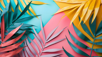 Aufkleber - Tropical bright colorful background with exotic painted tropical palm leaves Minimal fashion summer concept Flat lay : Generative AI