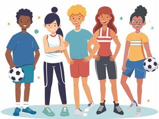 Diverse group of young cartoon athletes for a vibrant wallpaper or background in a community setting