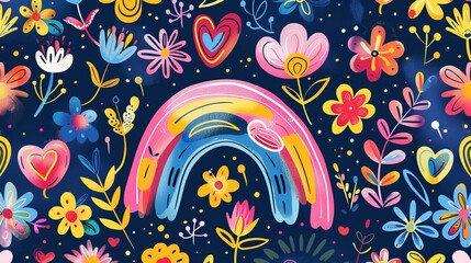 Wall Mural - A lovely and lively pattern with rainbow, flowers, and nature-inspired things.